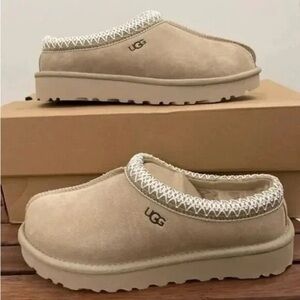 UGG Beige Suede Slippers with White Trim